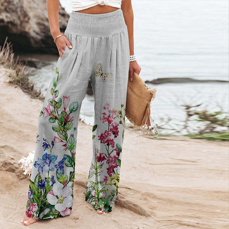 Stretchy Printed High Waist Casual Wide Leg Pant With Pockets