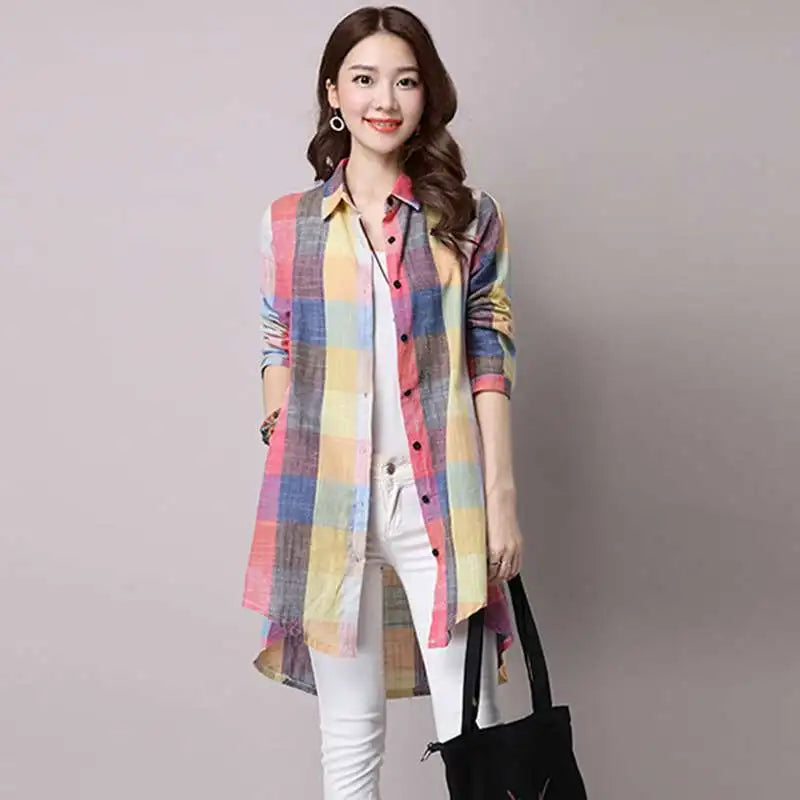 Spring Vintage Plaid Stripe Shirt Women Long Sleeve Loose Asymmetric Cotton Linen Long Shirt Ladies Vintage Lapel Collar