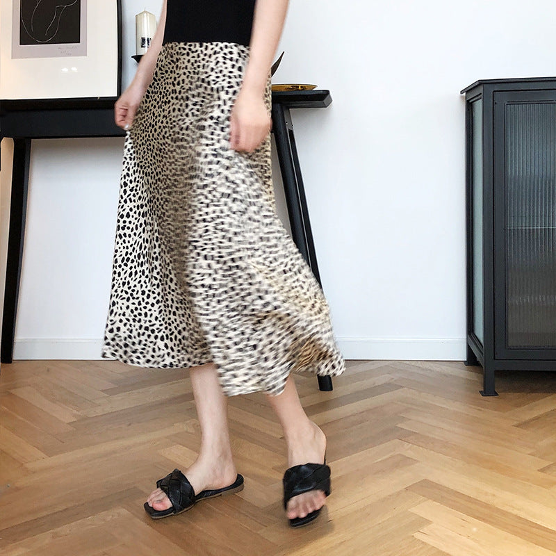 Retro Style Satin Leopard Print Skirt High Waist