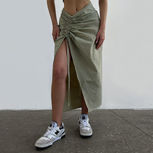 Versatile Slim Drawstring Gathered Slit Skirt