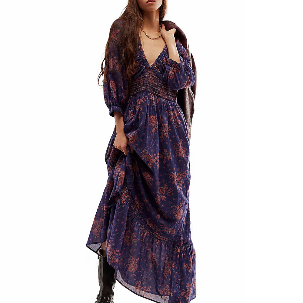 Lantern Long Sleeve V-neck Waist-slimming Women's Long Dress