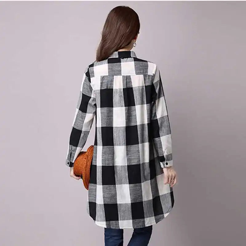 Spring Vintage Plaid Stripe Shirt Women Long Sleeve Loose Asymmetric Cotton Linen Long Shirt Ladies Vintage Lapel Collar