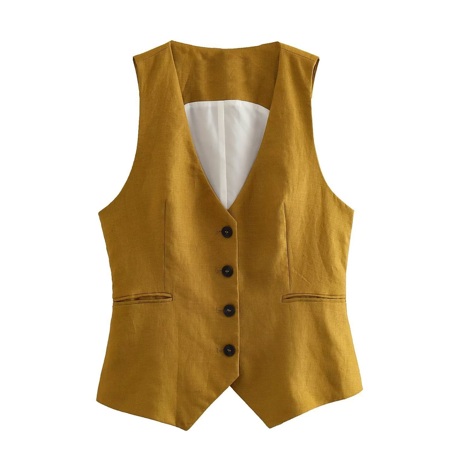 Linen Double Breasted Coat Vest Lines Straight-leg Pants Female Suit