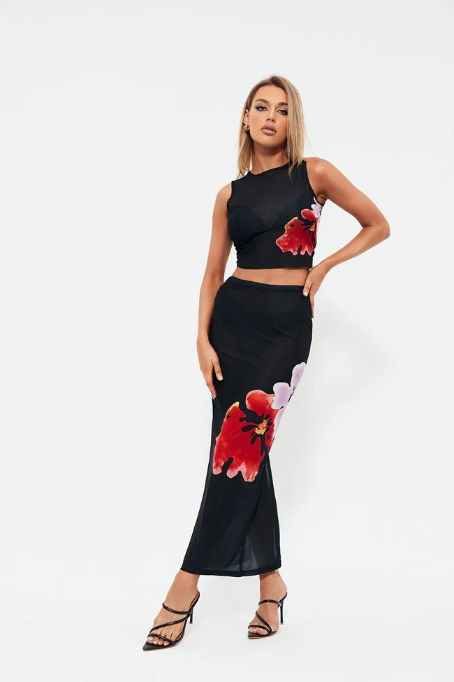 Sleeveless Printed Slit Skirt Set