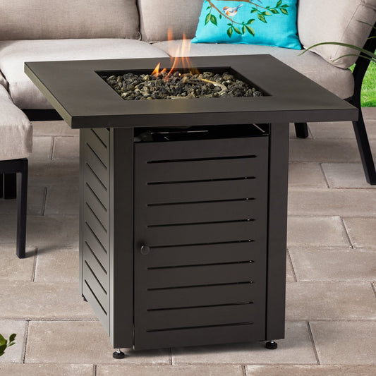 28" Square 50000 BTU Propane Gas Fire Pit Table with Lava Rocks, Metal Lid and Protective Cover