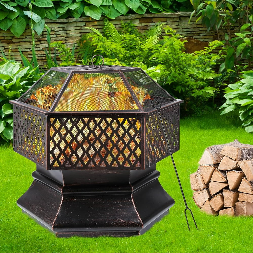 28'' Hex Shaped Steel Fire Pit for Outside, Wood Burning Fireplace Fire Bowl with Spark Screen & Fire Poker for Patio, Backyard, Camping, Picnic, Bonfire