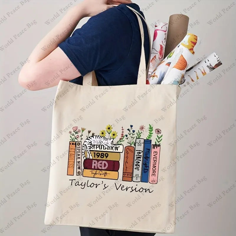 Taylor'S Version Pattern Beige Tote Bag, Shopping Bag, Taylor Merch Canvas Casual Shoulder Bag, Christmas Birthday Gift