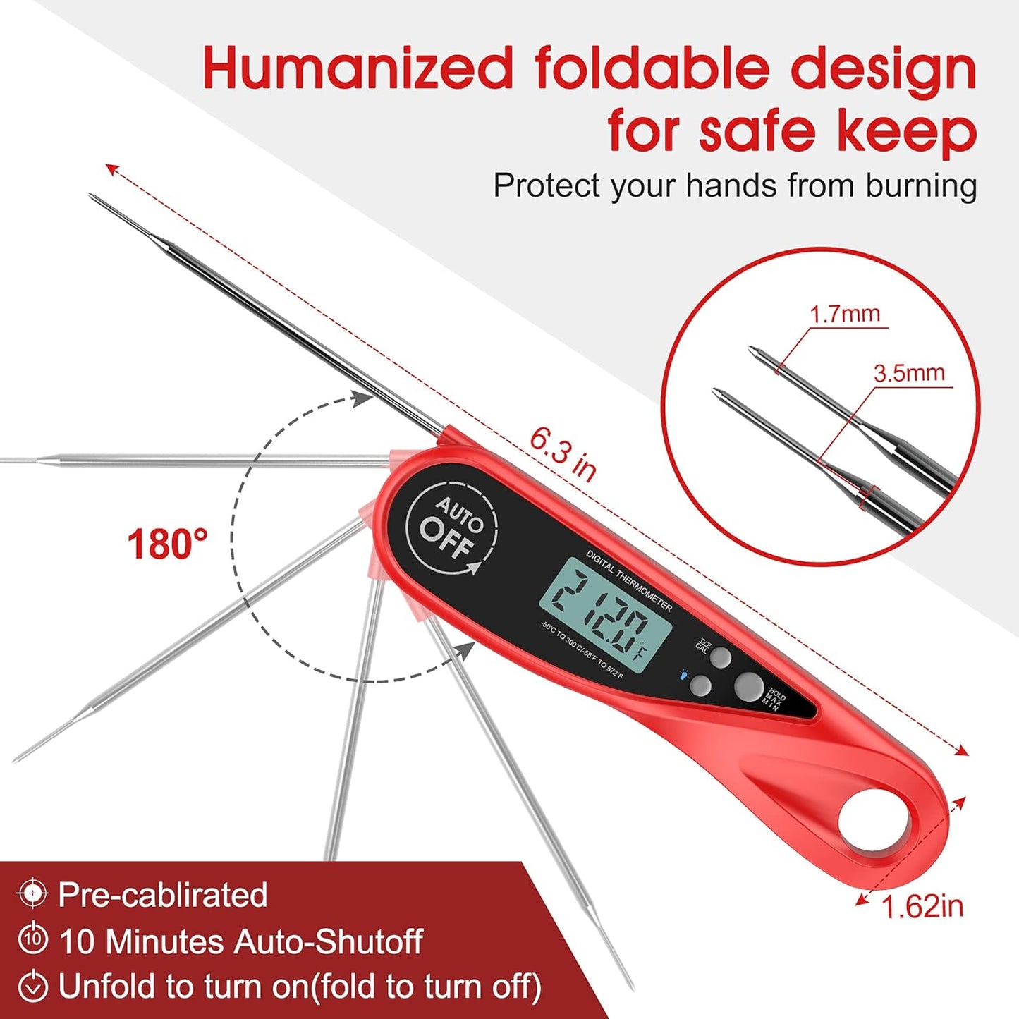 Meat Thermometer,  Instant Read Food Thermometer for Kitchen Cooking, Digital Waterproof Grilling Thermometer with Backlight, Magnet for Candy Baking, Deep Fry, Roast Turkey, Outdoor BBQ(RED)