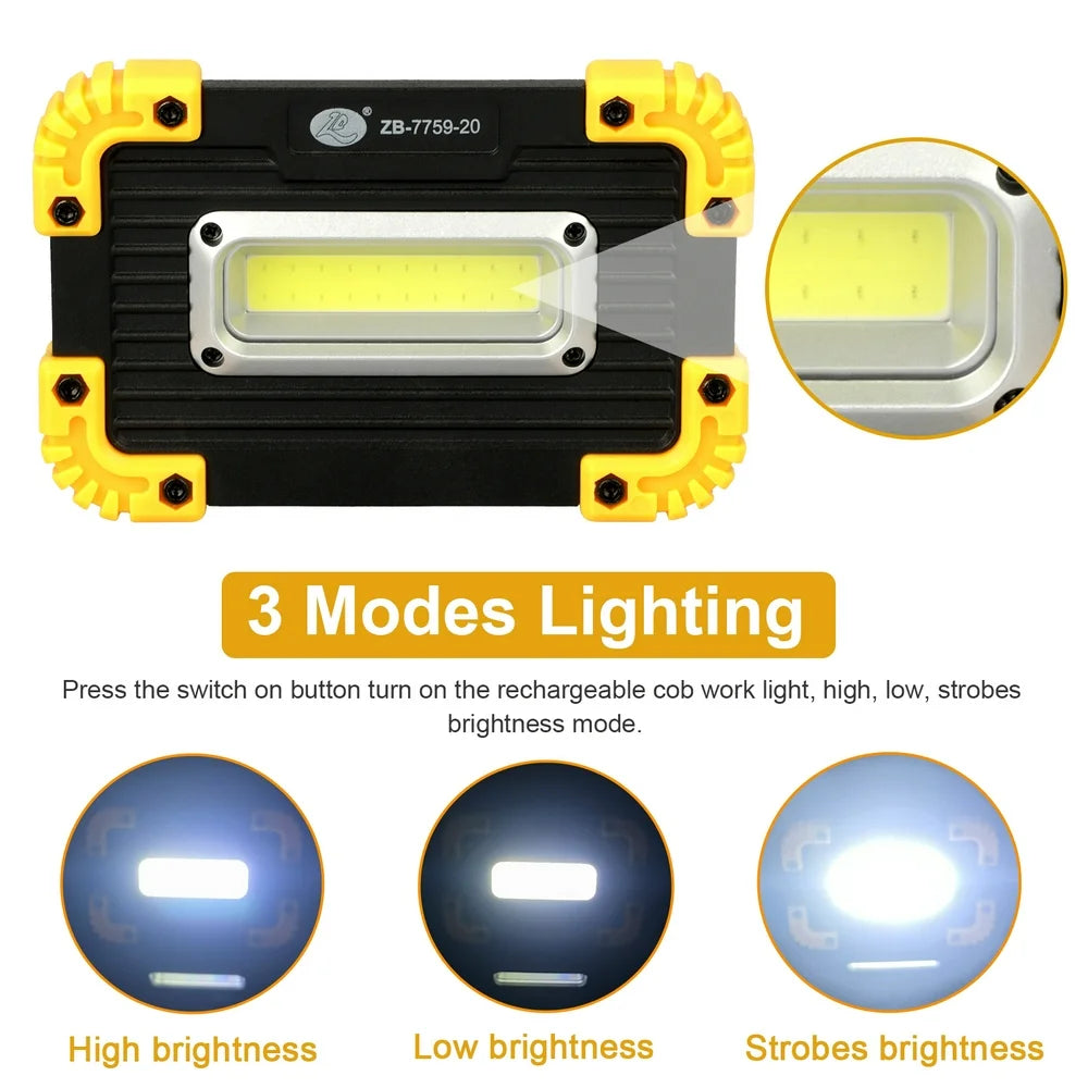 Rechargeable LED Work Light,  300LM 180° Rotatable COB Work Light, Portable Inspection Lamp W/ 3 Lighting Modes, Waterproof Job Site Lighting for Camping Hiking Fishing Car Repairing