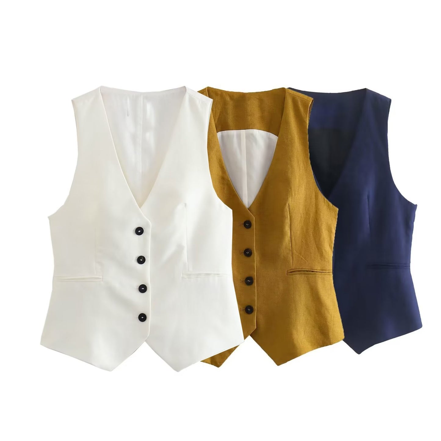 Linen Double Breasted Coat Vest Lines Straight-leg Pants Female Suit