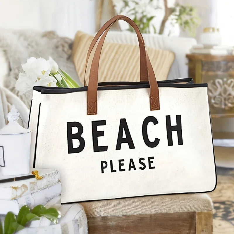 Canvas Bag, Tote Bag for Women or Men, Large Capacity Summer Beach Bag, Simple Letter Printed Handbags, Shopping Bag