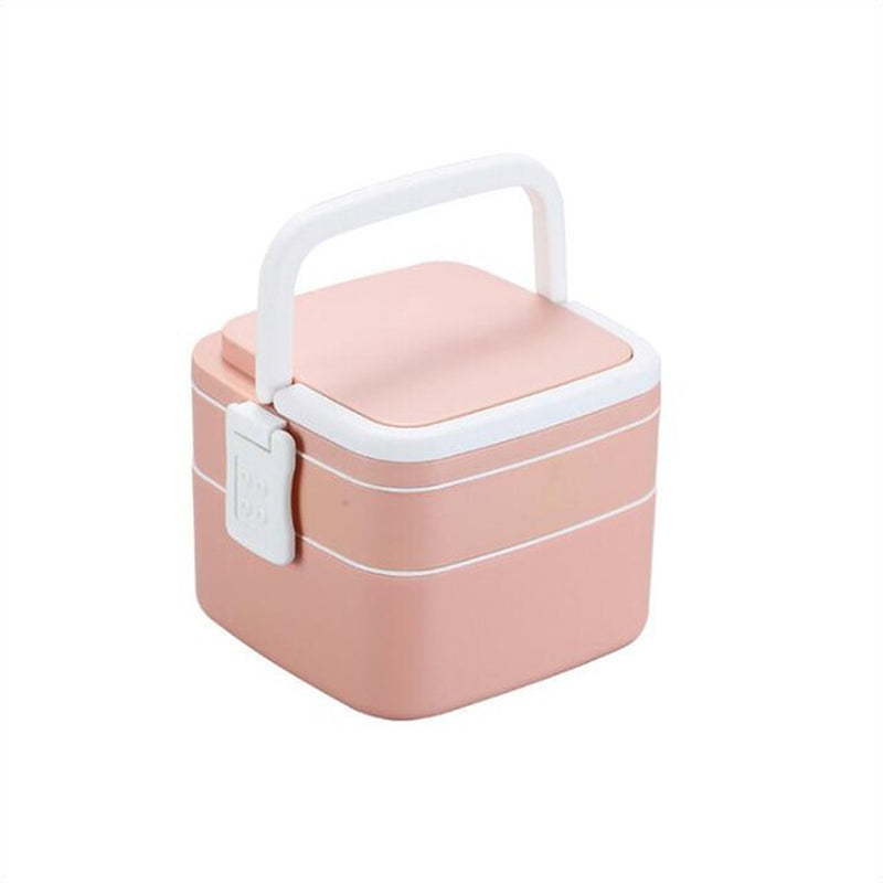 Double Layered Lunch Box with Spoon Microwave Japan Bento Box Simple Style Portable Large Capacity Food Box for School Kids