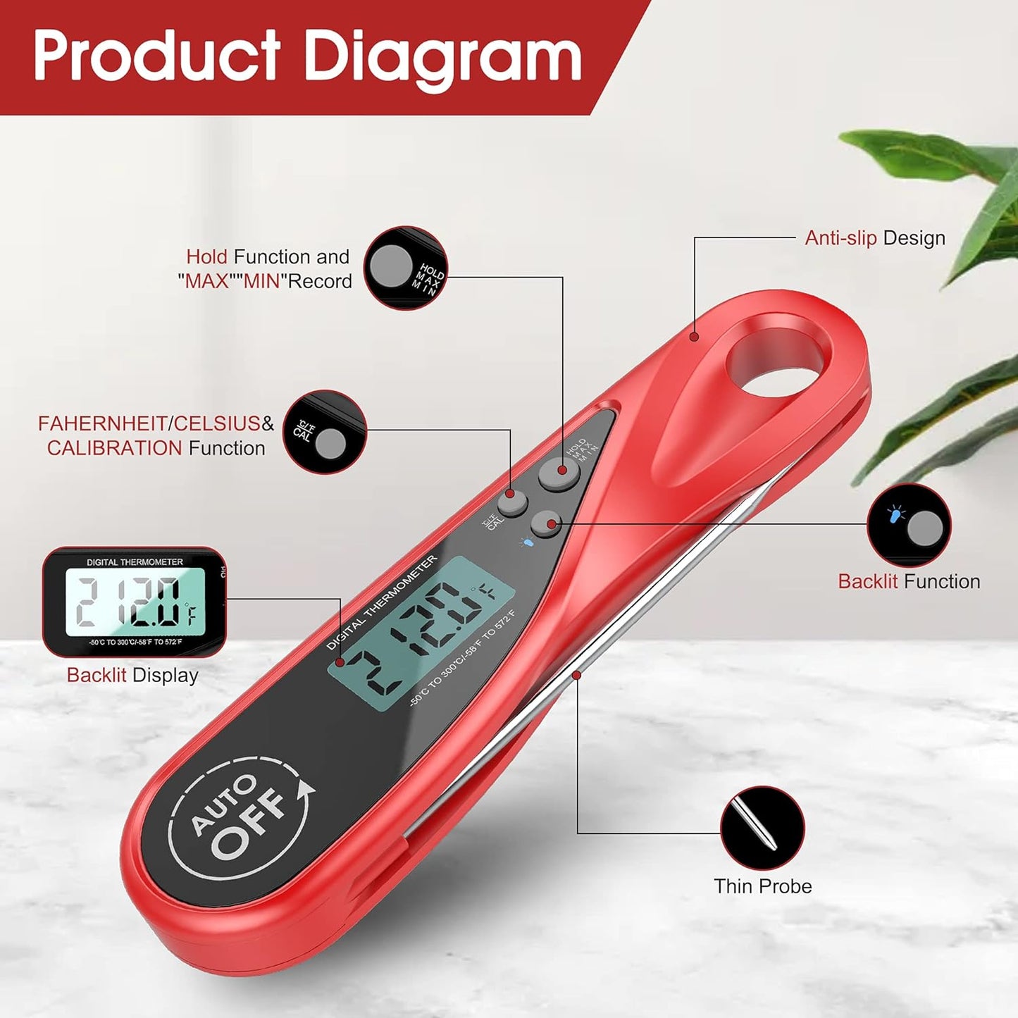 Meat Thermometer,  Instant Read Food Thermometer for Kitchen Cooking, Digital Waterproof Grilling Thermometer with Backlight, Magnet for Candy Baking, Deep Fry, Roast Turkey, Outdoor BBQ(RED)