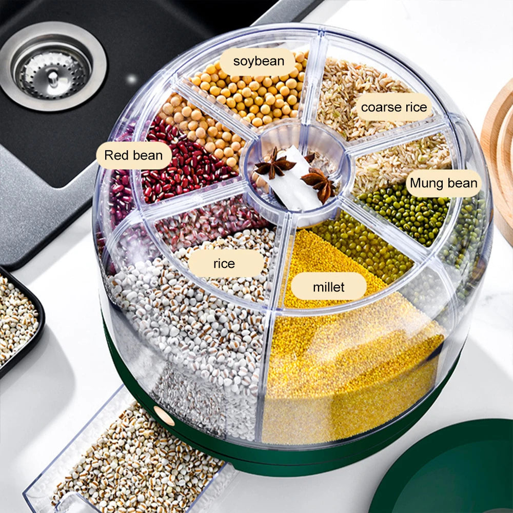 360 Degree Rotating Rice Dispenser Sealed Dry Cereal Grain Bucket Dispenser Moisture-Proof Kitchen Food Container Storage Box