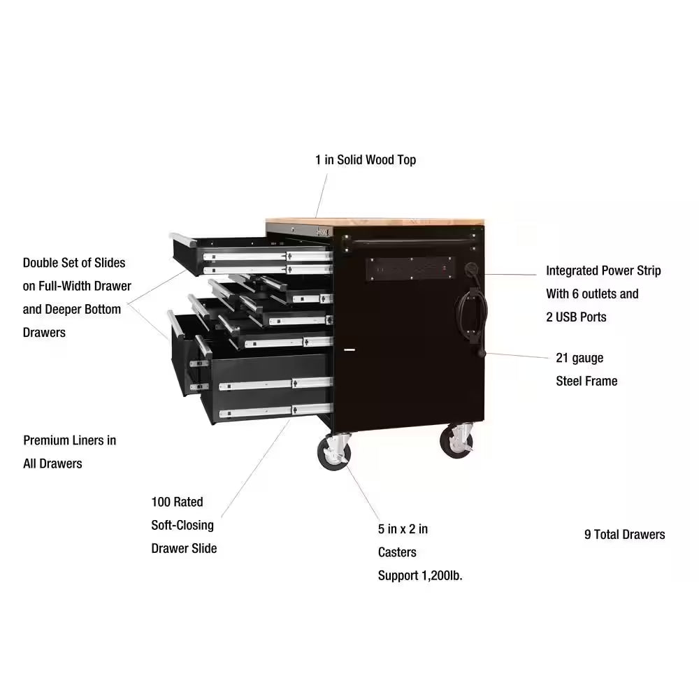 52 In. W X 25 In. D Standard Duty 9-Drawer Mobile Workbench Tool Chest with Solid Wood Top in Gloss Black