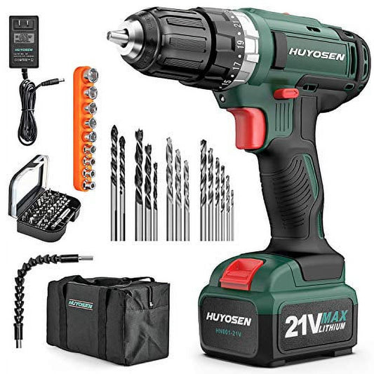 Cordless Drill Driver 21V Max Impact Drill，Professional Electric Drill 23+1+1+1 Torque Setting Battery Drill Variable Speed Kit 46N.M Power Drills Sets 56 Pcs Accessories(1 Pc Li-Ion Battery)