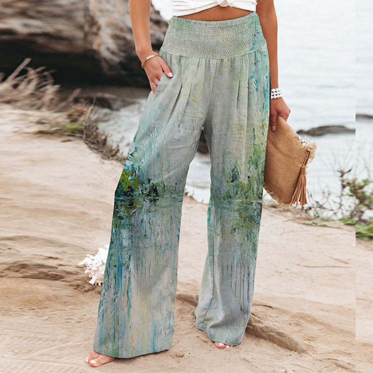 Stretchy Printed High Waist Casual Wide Leg Pant With Pockets