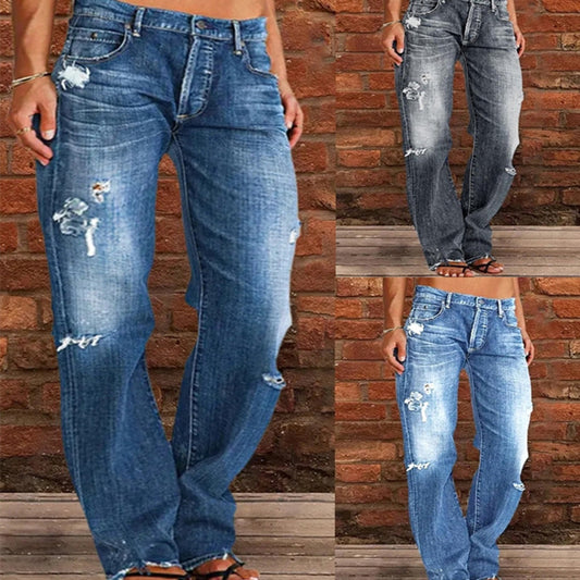 Loose Wide Leg Denim Retro Washed Ripped Trousers