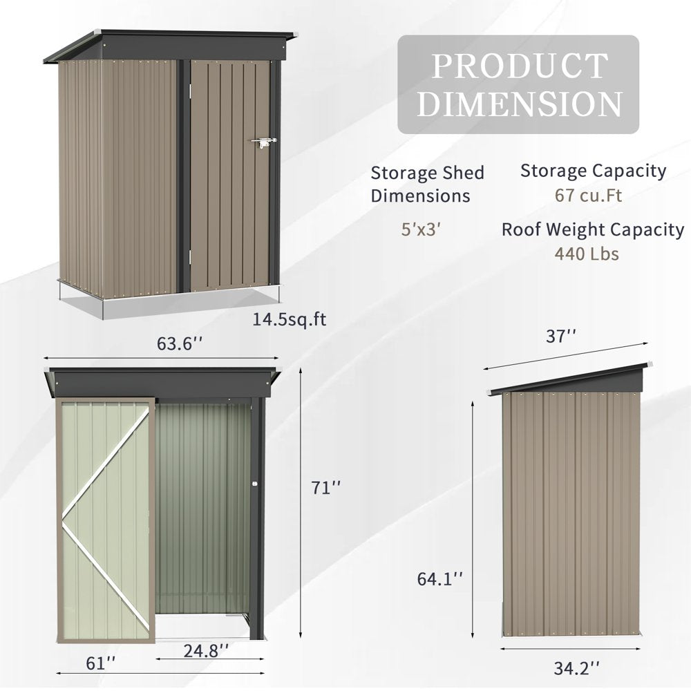 5×3 Ft.Patio Metal Shed, Lockable Garden Shed for Outdoor Backyard Patio Storage