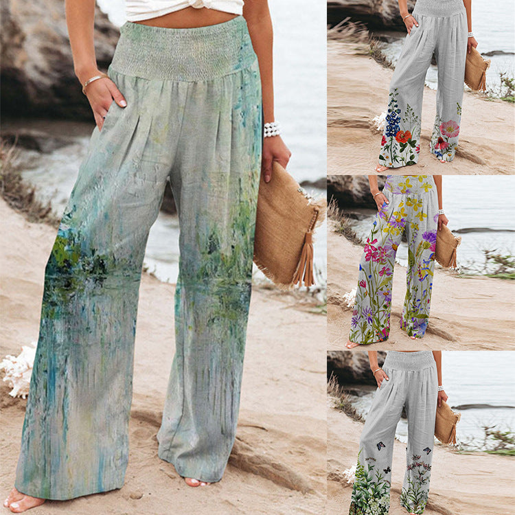 Stretchy Printed High Waist Casual Wide Leg Pant With Pockets