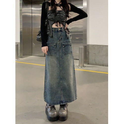 Retro Design Straight Hip Skirt Black Mid-length