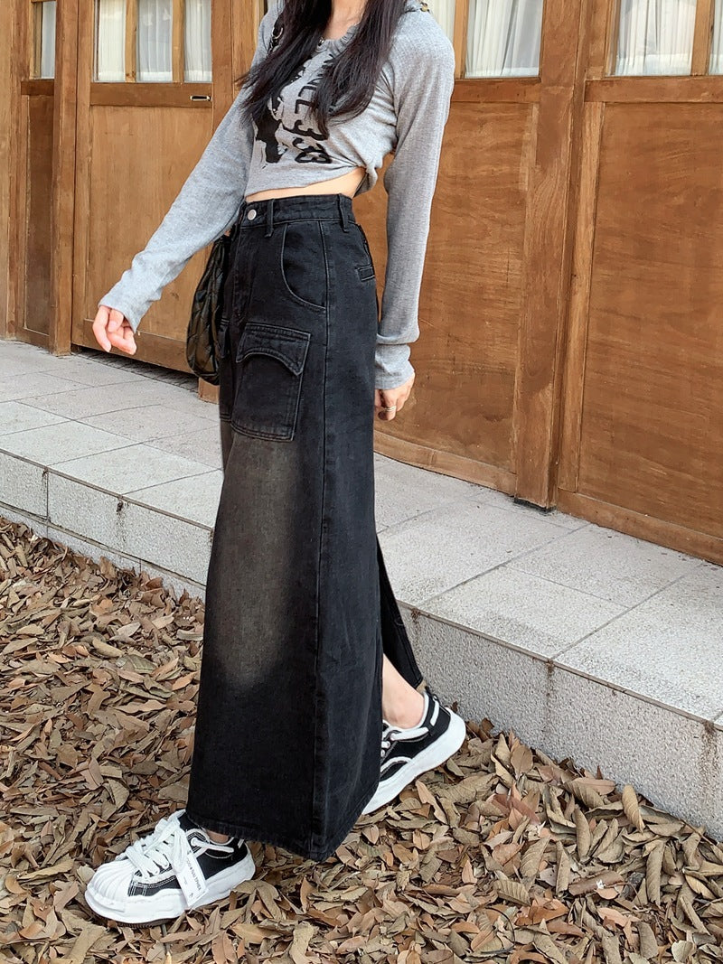 Retro Design Straight Hip Skirt Black Mid-length