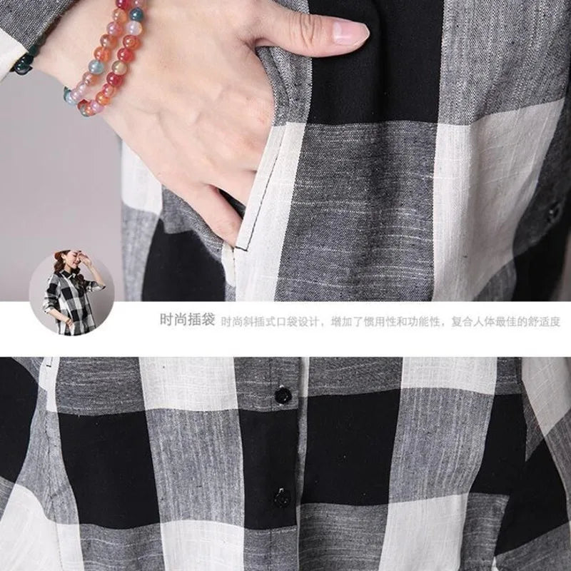 Spring Vintage Plaid Stripe Shirt Women Long Sleeve Loose Asymmetric Cotton Linen Long Shirt Ladies Vintage Lapel Collar