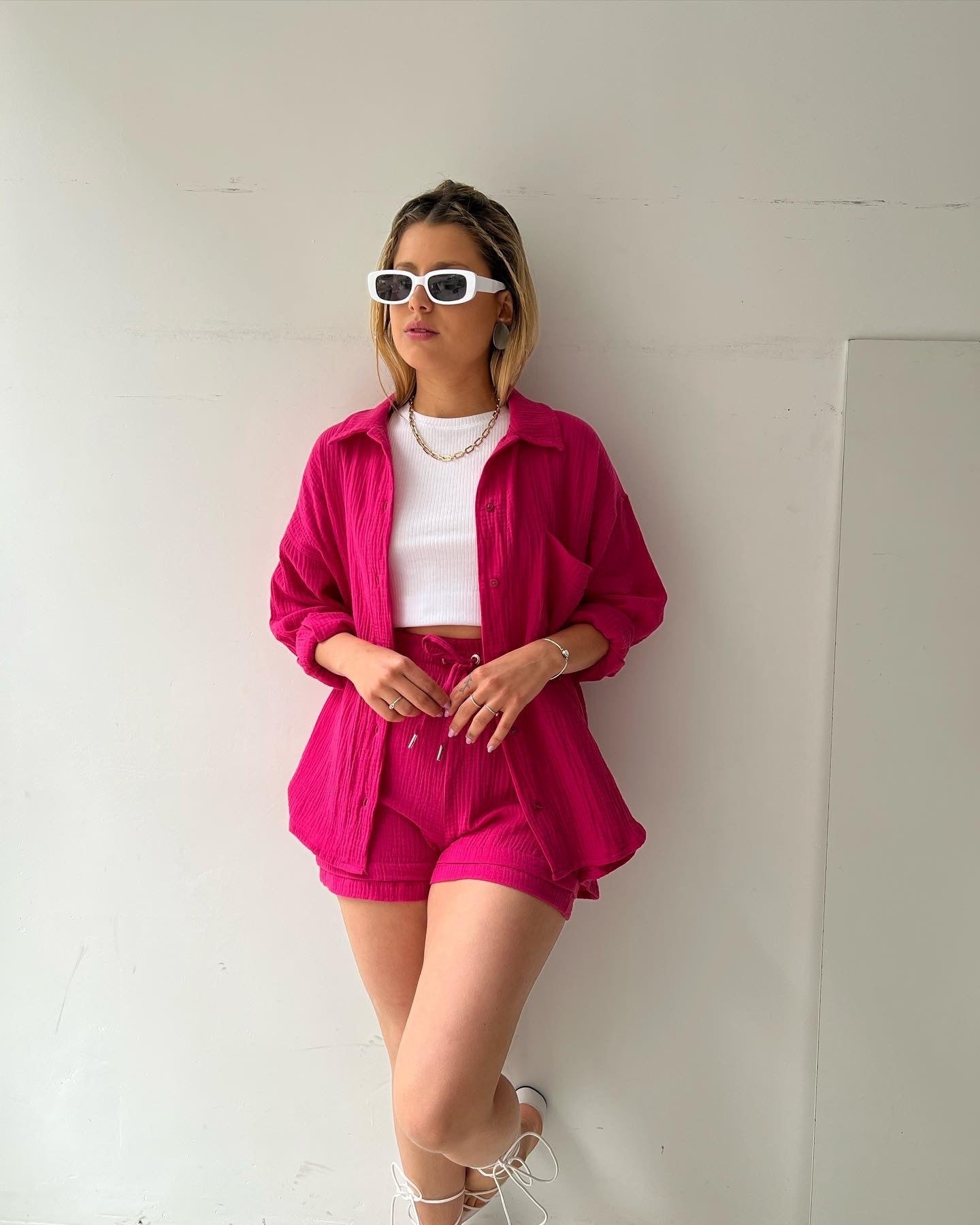 Long-sleeved Shirt High-waisted Drawstring Shorts Fashion Casual Two-piece Set