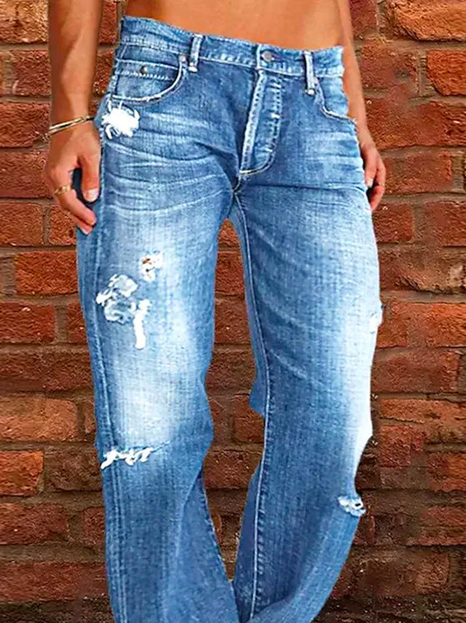 Loose Wide Leg Denim Retro Washed Ripped Trousers