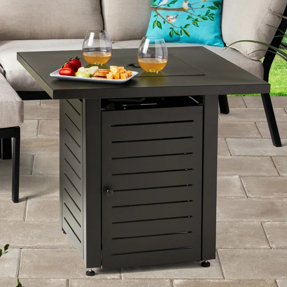 28" Square 50000 BTU Propane Gas Fire Pit Table with Lava Rocks, Metal Lid and Protective Cover