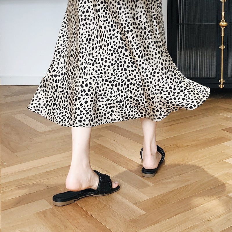 Retro Style Satin Leopard Print Skirt High Waist