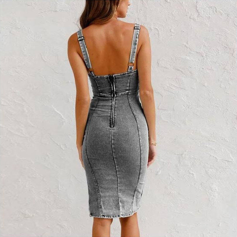 New U-neck Denim Dress Summer Casual With Slit Design Womens Clothing