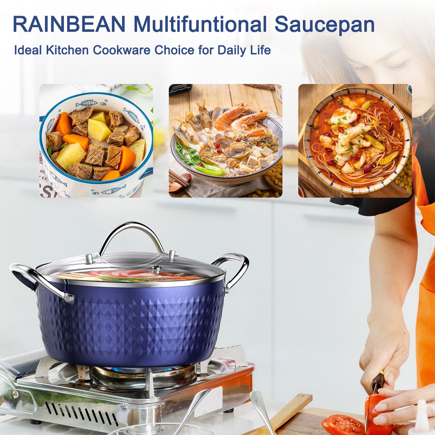 Casserole Dish, Induction Saucepan With Lid, 24cm 2.2L Stock Pots Non-Stick Saucepan, Aluminum Ceramic Coating Cooking Pot