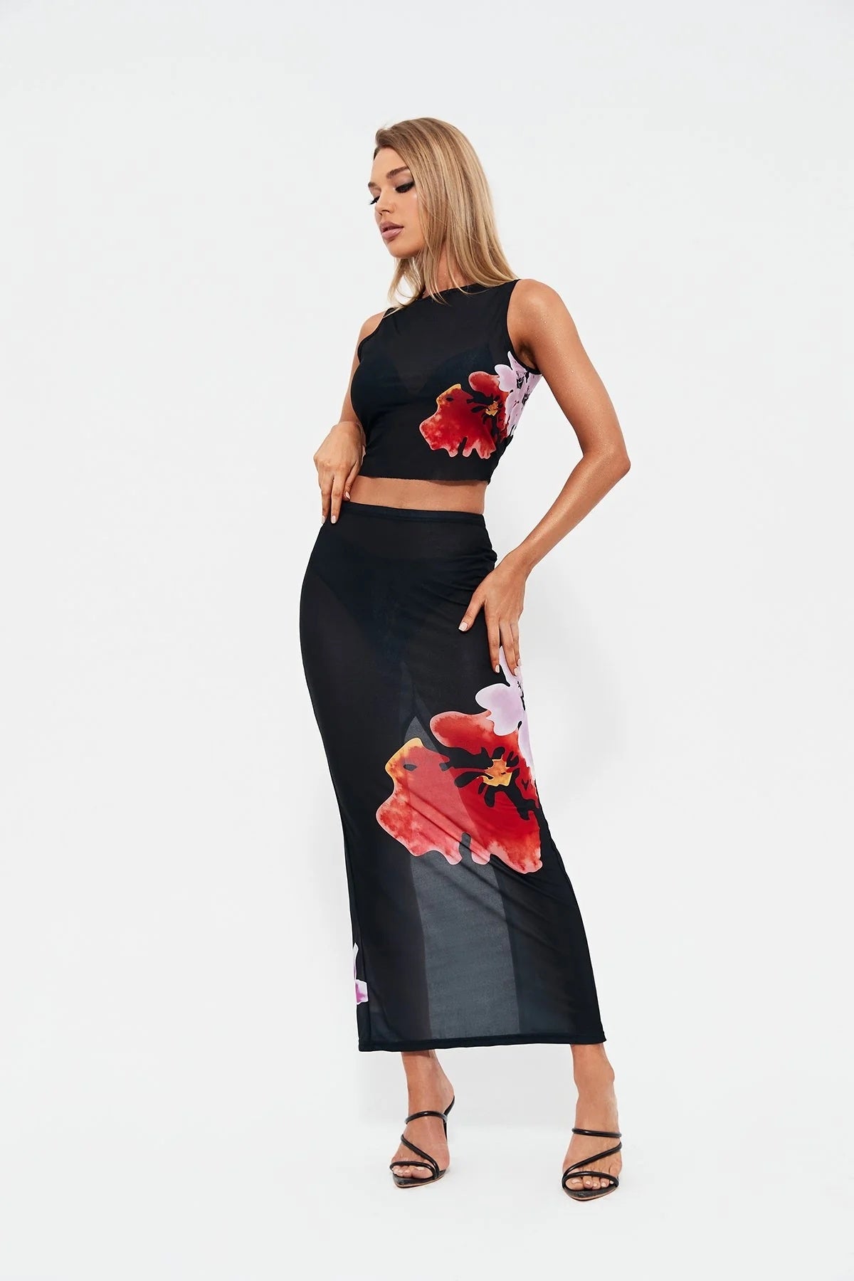 Sleeveless Printed Slit Skirt Set