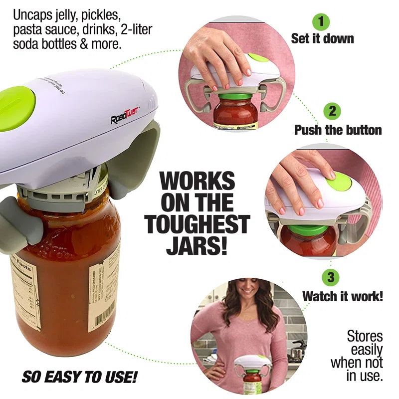 Robo Twist Electric Jar Opener, One Touch Electric Handsfree Easy Jar Opener, Works for Jars of All Sizes