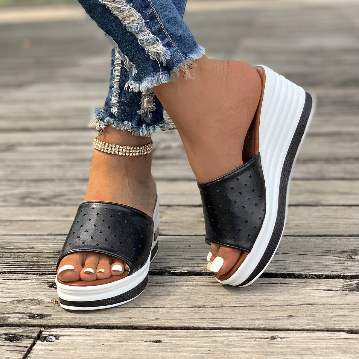 Fish Mouth Wedges Sandals Summer Fashion Hollow Design High Heels Slides Slippers Casual Beach Shoes For Women