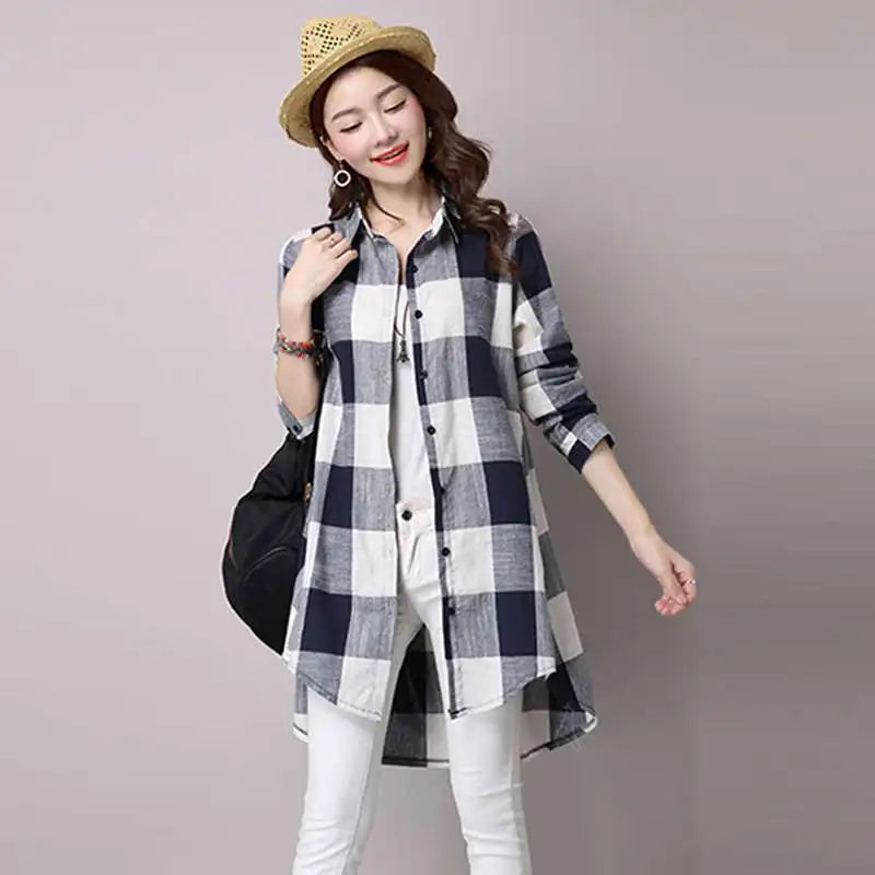 Spring Vintage Plaid Stripe Shirt Women Long Sleeve Loose Asymmetric Cotton Linen Long Shirt Ladies Vintage Lapel Collar