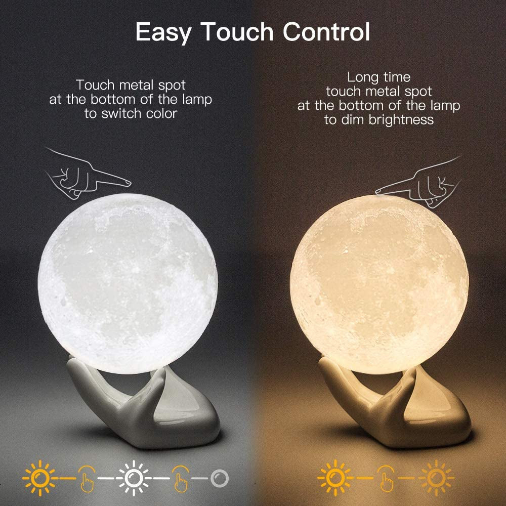 Moon Lamp, 3.5 Inch 3D Printing Lunar Lamp Night Light with White Hand Stand as Kids Women Girls Boy Birthday Gift, USB Charging Touch Control Brightness Two Tone Warm Cool White