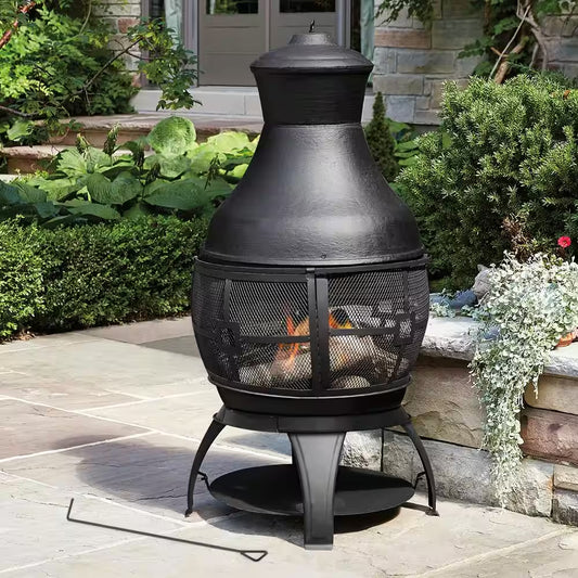 45 In. Outdoor Fireplace Wooden Black Fire Pit, Chimenea