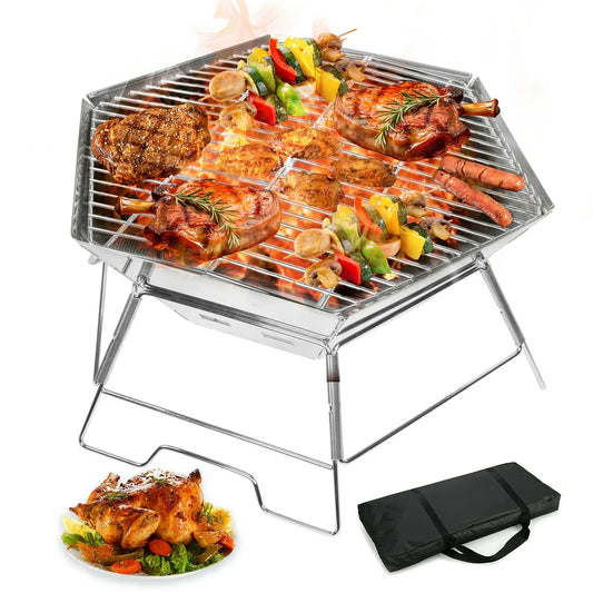 Portable Charcoal Grill, Lightweight Foldable Barbecue Grill for Cooking Camping Hiking Picnic Party, Silver