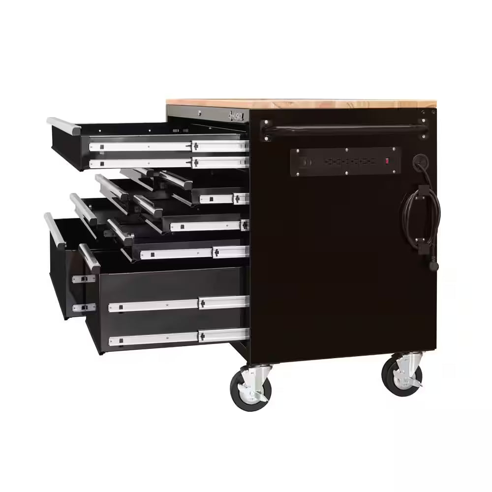 52 In. W X 25 In. D Standard Duty 9-Drawer Mobile Workbench Tool Chest with Solid Wood Top in Gloss Black