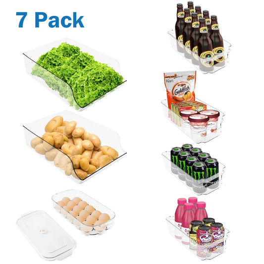 Clear Plastic Fridge Organizer Bins - 7-Piece Set for Refrigerator, Freezer, Kitchen Cabinet - Bpa-Free Pantry Storage for Fruits, Vegetables, Eggs, Drinks