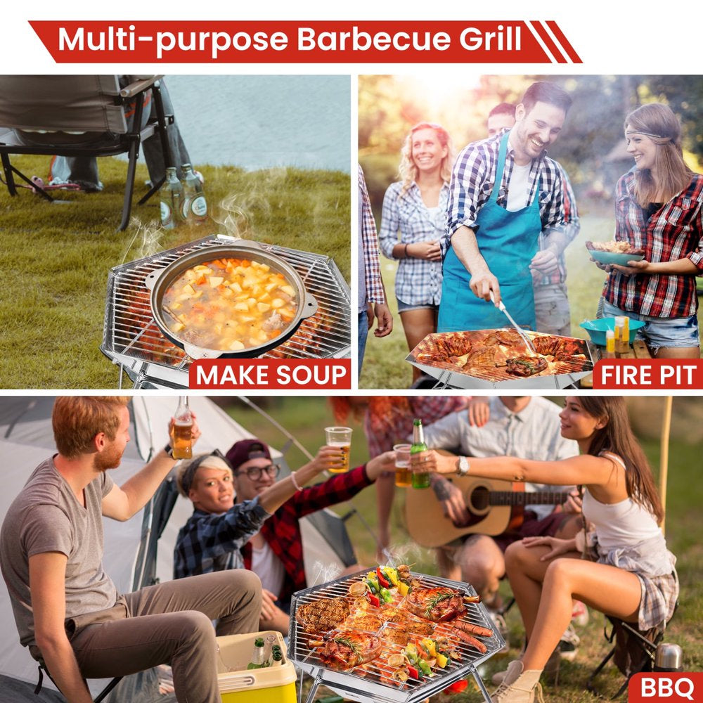 Portable Charcoal Grill, Lightweight Foldable Barbecue Grill for Cooking Camping Hiking Picnic Party, Silver