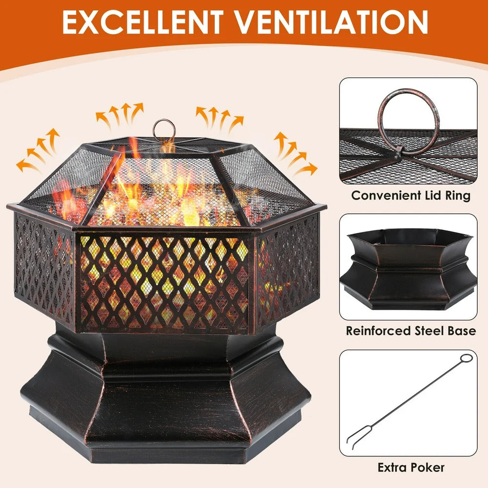 28'' Hex Shaped Steel Fire Pit for Outside, Wood Burning Fireplace Fire Bowl with Spark Screen & Fire Poker for Patio, Backyard, Camping, Picnic, Bonfire