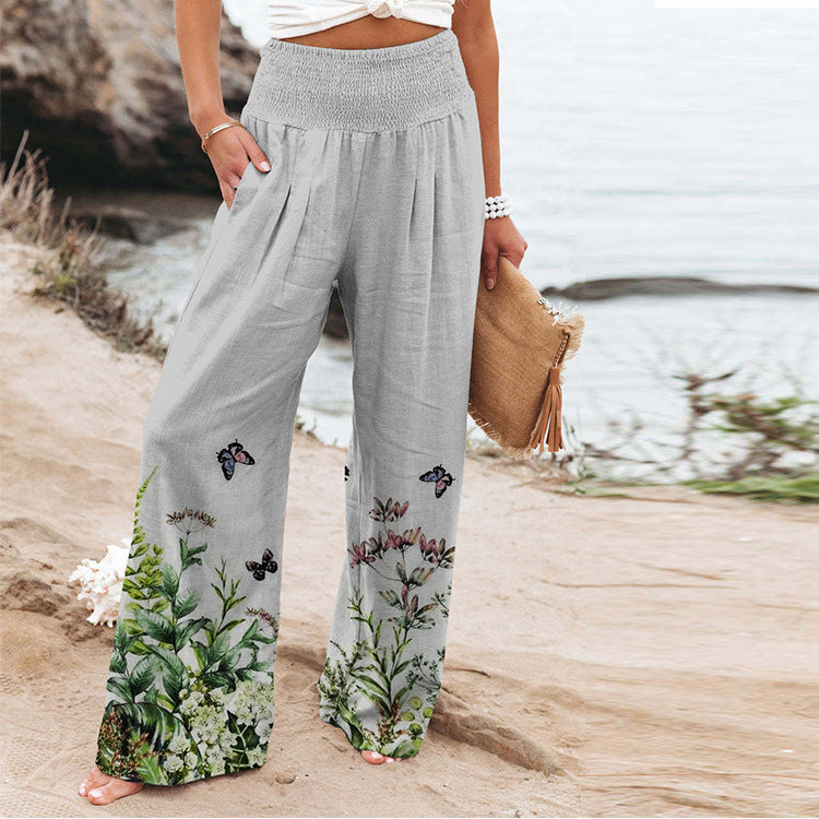 Stretchy Printed High Waist Casual Wide Leg Pant With Pockets