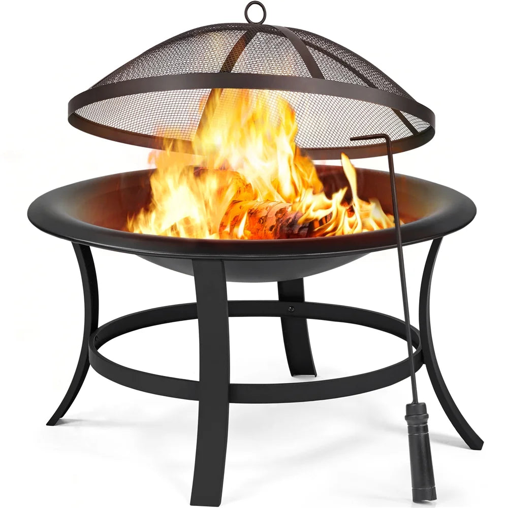 29'' round Iron Fire Pit with Spark Screen Fire Poker, Black