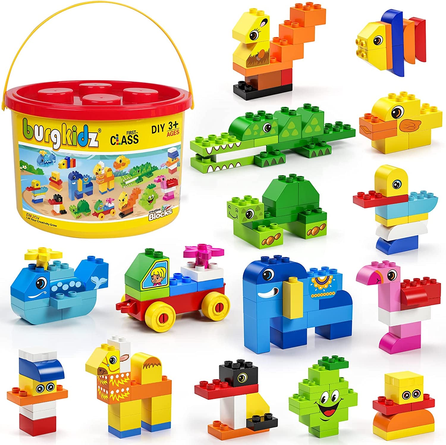 Educational Toy Classic Big Size Bricks Building Blocks, Large Compatible Animal Building Bricks with Reusable Storage Bucket Gift for Boy Girl Ages 3+