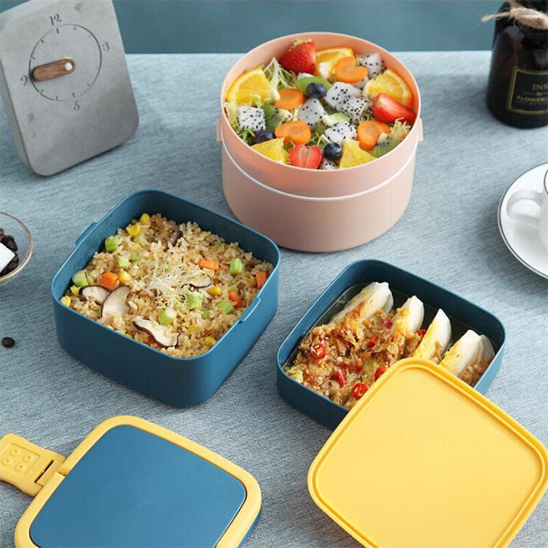 Double Layered Lunch Box with Spoon Microwave Japan Bento Box Simple Style Portable Large Capacity Food Box for School Kids