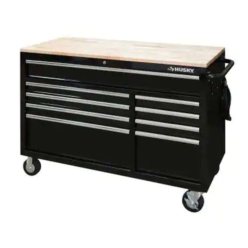 52 In. W X 25 In. D Standard Duty 9-Drawer Mobile Workbench Tool Chest with Solid Wood Top in Gloss Black