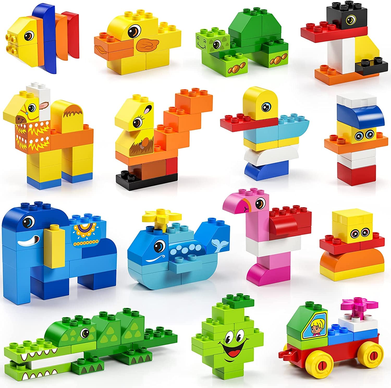 Educational Toy Classic Big Size Bricks Building Blocks, Large Compatible Animal Building Bricks with Reusable Storage Bucket Gift for Boy Girl Ages 3+